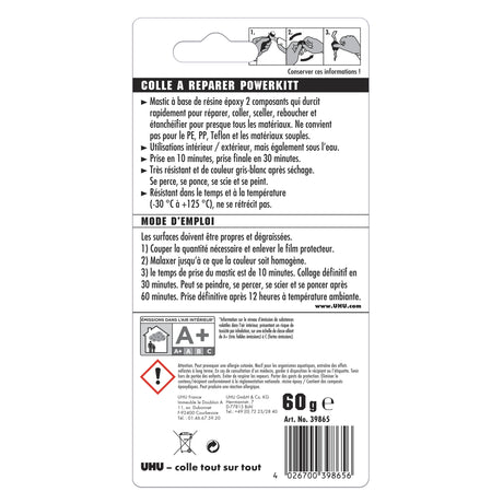 UHU Colle à réparer Powerkitt universel - Pâte époxy 2 composants pour coller, combler, étanchéifier, réparer, intérieur et extérieur, Gris, 60g