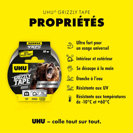 UHU Grizzly tape - Ruban adhésif toilé waterproof pour réparer, consolider, colmater, connecter, ultra fort et durable, gris, 10mx50mm