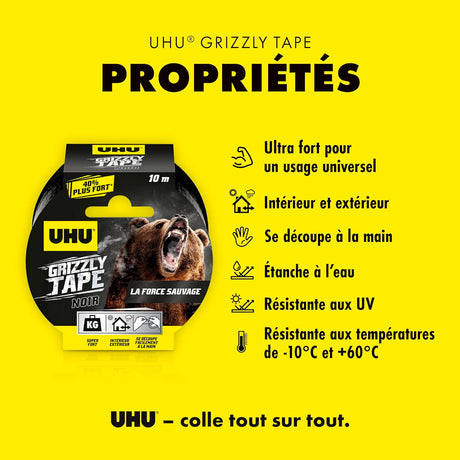 UHU Grizzly tape - Ruban adhésif toilé waterproof pour réparer, consolider, colmater, connecter, ultra fort et durable, noir, 10mx50mm