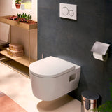 WC suspendu Grohe blanc, design moderne, installé sur mur gris.