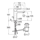 Schéma technique mitigeur Grohe, robinet lavabo, couleur chromée, dimensions détaillées