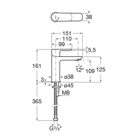 Plan technique du mitigeur lavabo Grohe, robinet chromé, mesures détaillées, vue de côté.
