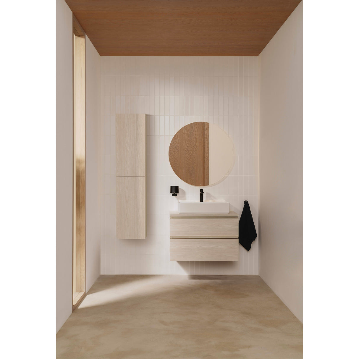Meuble salle de bain Jacob Delafon, bois clair, avec lavabo blanc, design moderne.