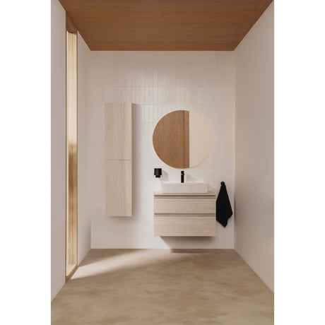 Meuble salle de bain Jacob Delafon, bois clair, avec lavabo blanc, design moderne.