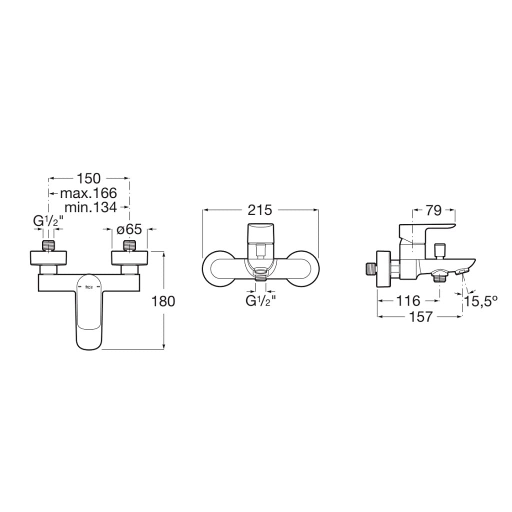 Schéma technique mitigeur bain-douche Grohe chromé avec dimensions détaillées