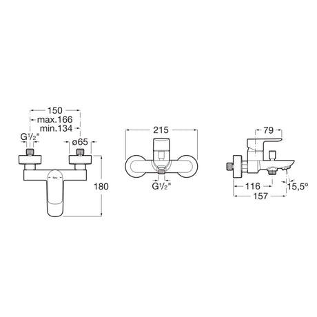 Schéma technique mitigeur bain-douche Grohe chromé avec dimensions détaillées