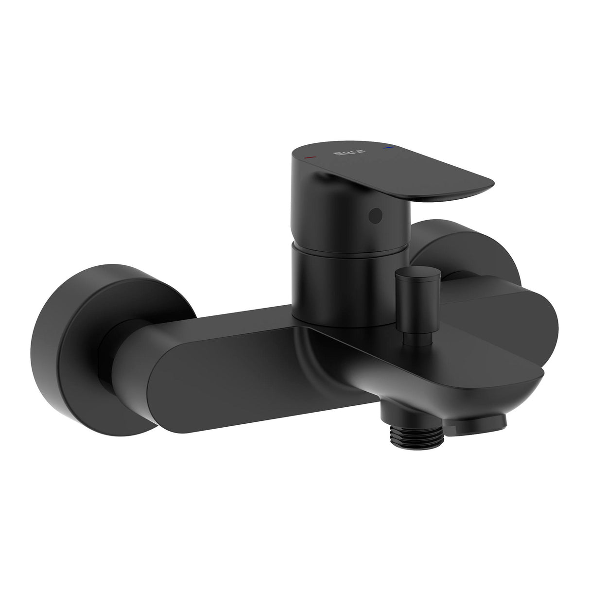 Mitigeur de baignoire Grohe, robinetterie noire moderne avec poignée unique.