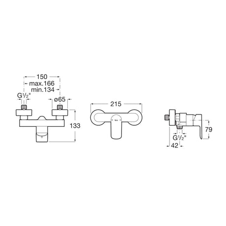 Robinet Grohe, mitigeur mural chromé, schéma technique et dimensions illustrés.