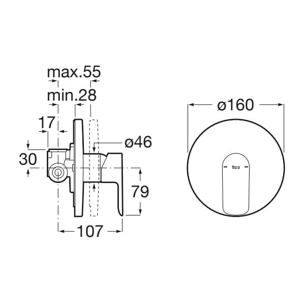 Mitigeur de douche Grohe chromé, dimensions techniques détaillées en schéma.
