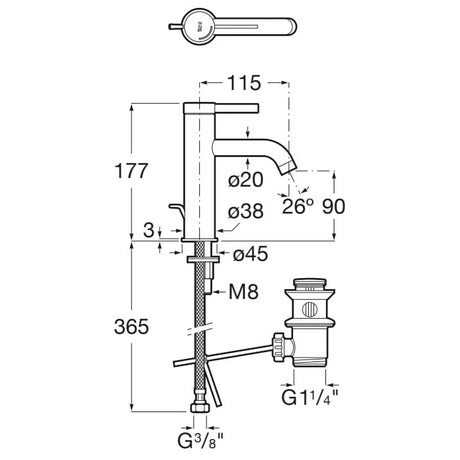 Mélangeur lavabo Grohe, robinetterie chromée, schéma technique avec dimensions.