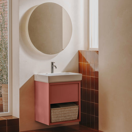 Meuble lavabo Sanycces rose avec tiroir et vasque blanche, finition moderne.