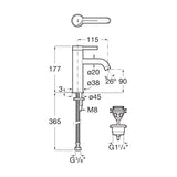 Mitigeur lavabo Grohe chromé, schéma technique, dimensions détaillées.