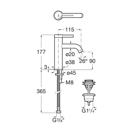 Mitigeur lavabo Grohe chromé, schéma technique, dimensions détaillées.