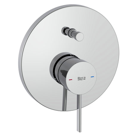Mitigeur de douche Roca chromé, design rond, couleur argentée.