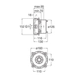 Plan technique du corps d’encastrement Grohe, produit sanitaire gris, avec mesures détaillées.