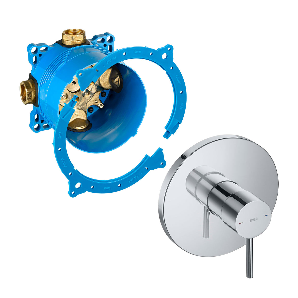 Mitigeur encastré Roca, type robinetterie de douche, couleur chromée et bleu.