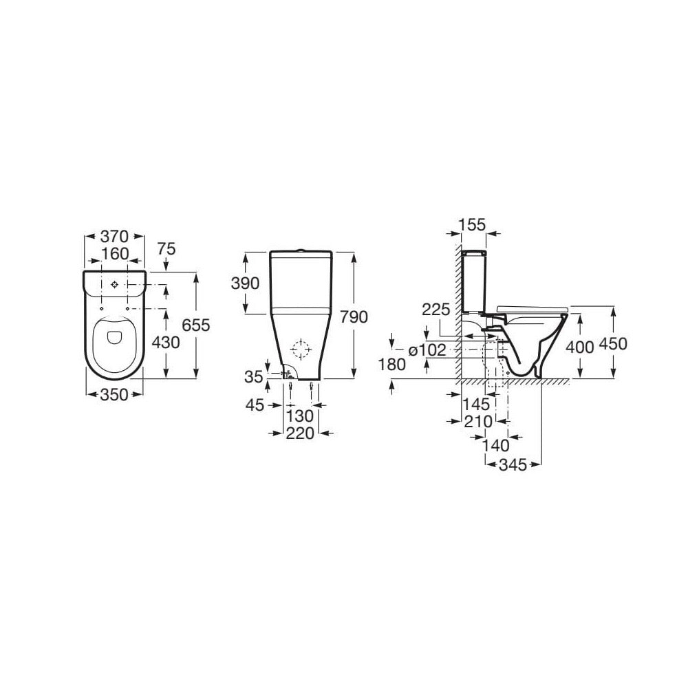 Schéma technique WC Grohe blanc, dimensions détaillées, sanitaire, plomberie.