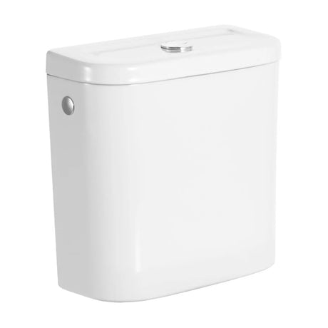 Chasse d'eau Grohe, réservoir WC couleur blanche, bouton poussoir chromé visible.