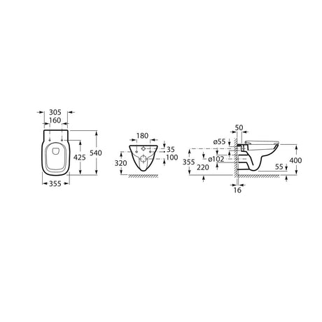 Cuvette WC suspendue Grohe blanche avec schéma technique et dimensions détaillées.