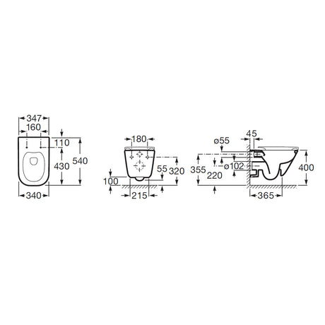 Schéma technique WC suspendu Grohe, céramique blanche, dimensions détaillées
