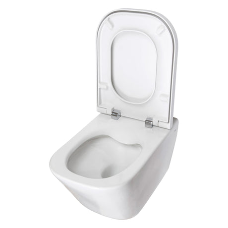 WC suspendu blanc, marque Grohe, en céramique, abattant ouvert.