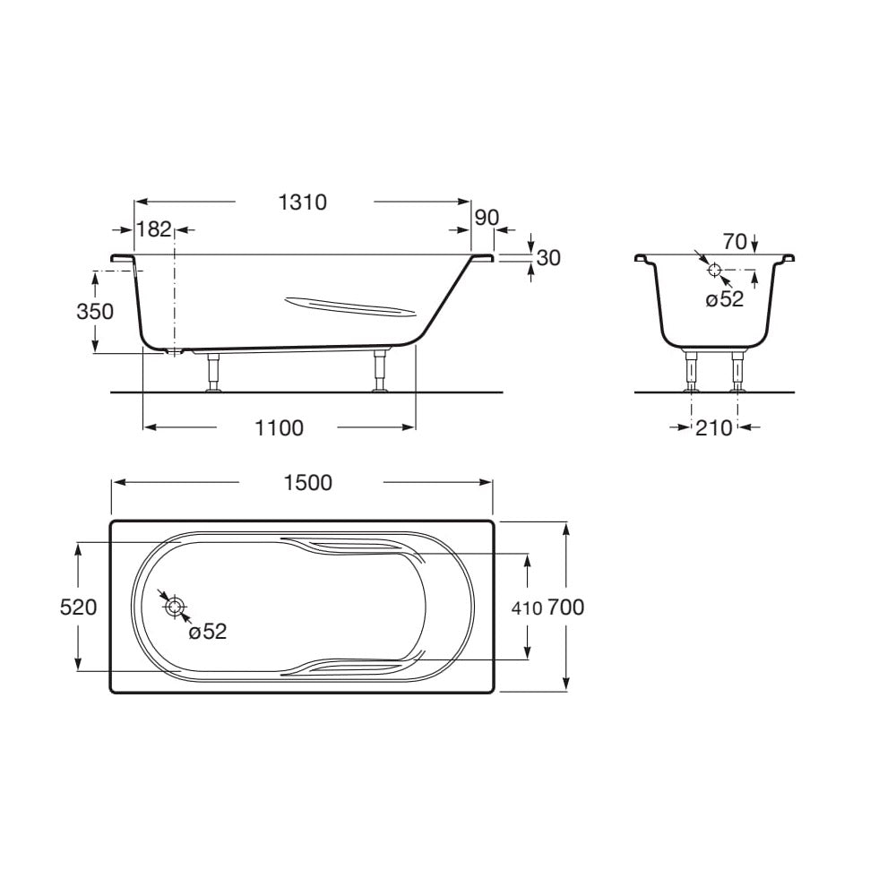 Plan technique baignoire blanche Grohe, type sanitaire, dimensions détaillées.