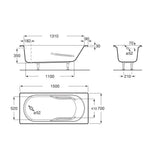 Plan technique baignoire blanche Grohe, type sanitaire, dimensions détaillées.