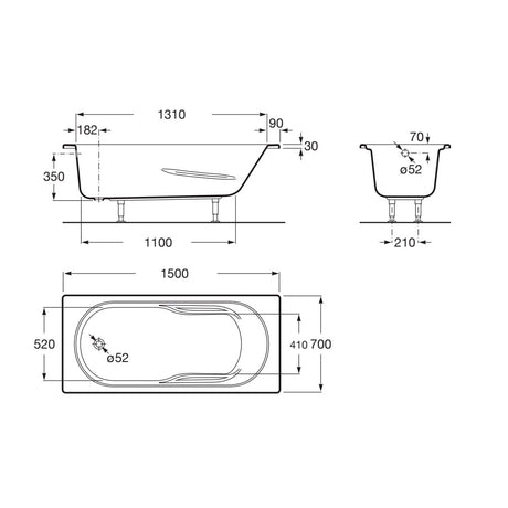 Plan technique baignoire blanche Grohe, type sanitaire, dimensions détaillées.