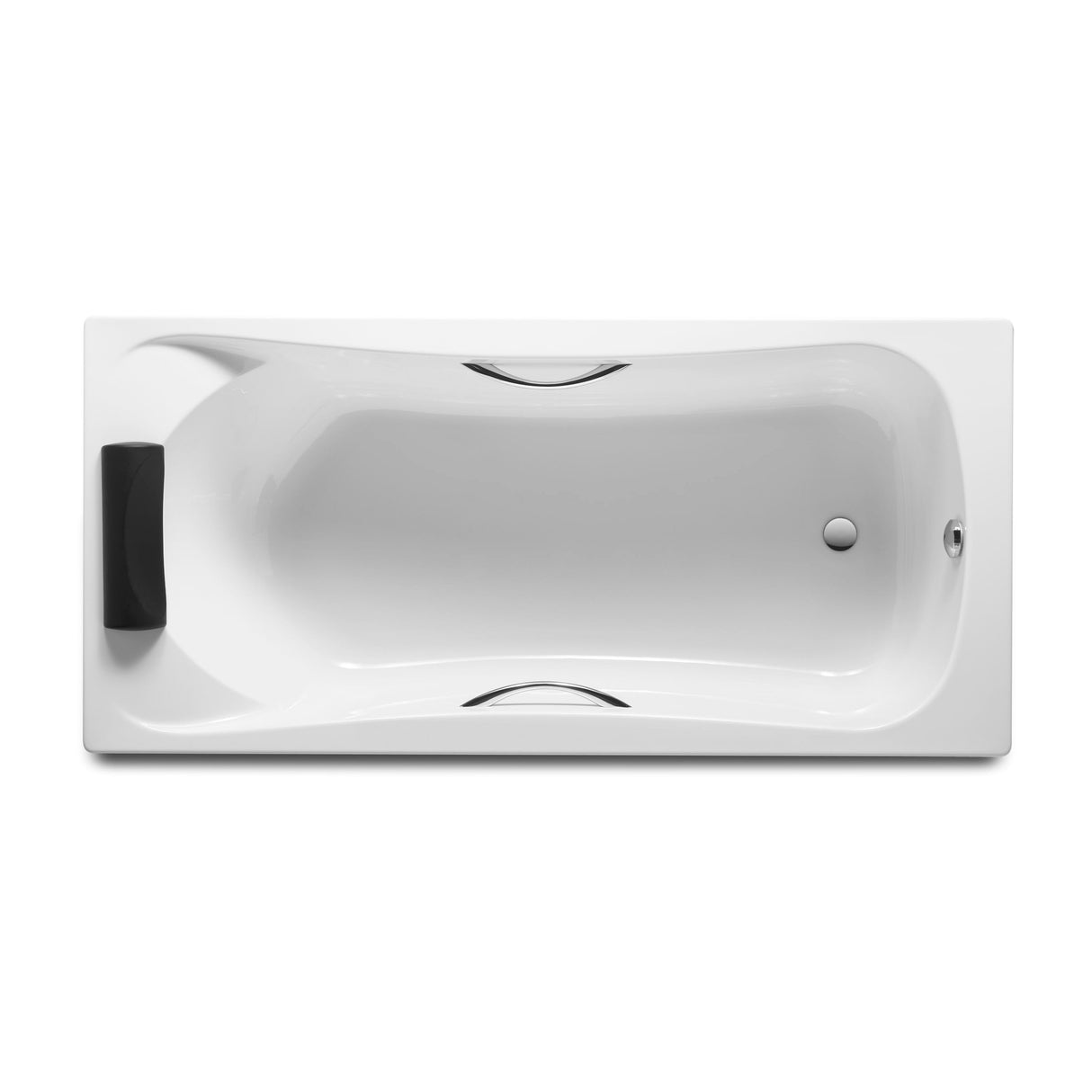 Baignoire blanche Jacob Delafon avec accoudoirs et appui-tête noir, sanitaire moderne.