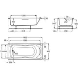 Baignoire blanche Grohe, plans techniques avec dimensions détaillées, produit sanitaire.