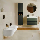 Meuble de salle de bain Roca, vasque, armoire et tiroirs verts, design moderne.