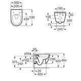 Schéma technique WC suspendu Grohe blanc avec cotes détaillées.