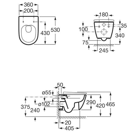 Schéma technique WC suspendu Grohe blanc avec cotes détaillées.