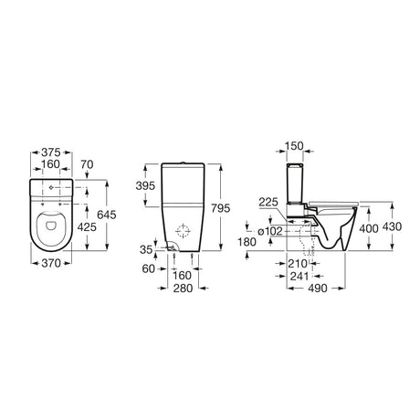 Cuvette WC Grohe blanche, schéma technique avec mesures détaillées visible.