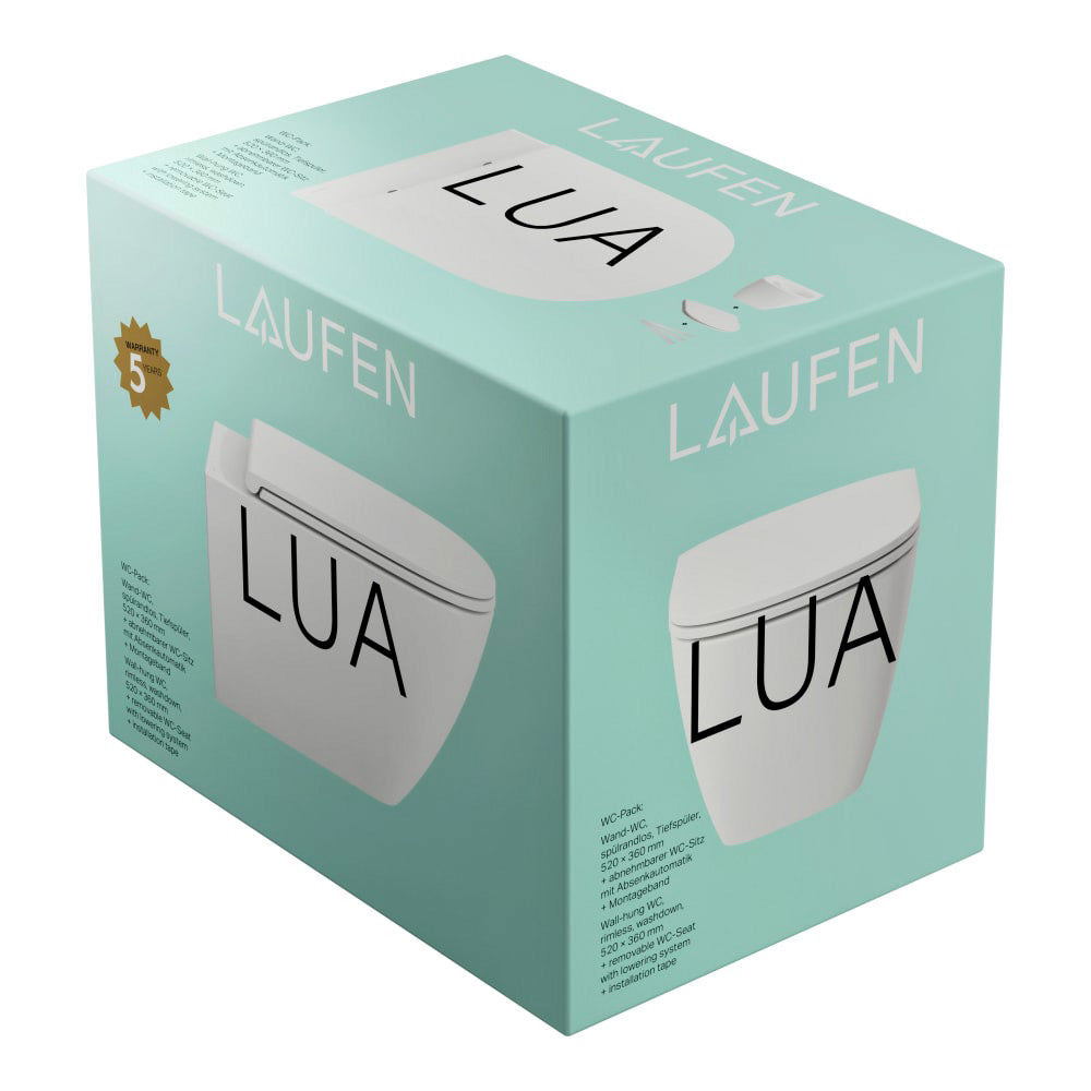 Carton turquoise de WC suspendu blanc marque Laufen modèle LUA.