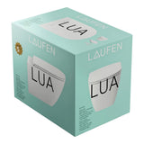 Carton turquoise de WC suspendu blanc marque Laufen modèle LUA.