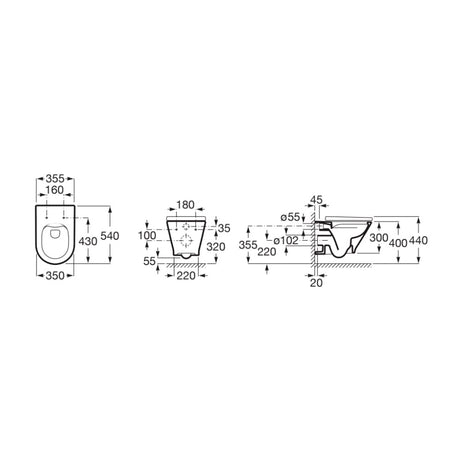 Schéma technique WC suspendu blanc Grohe avec dimensions détaillées.