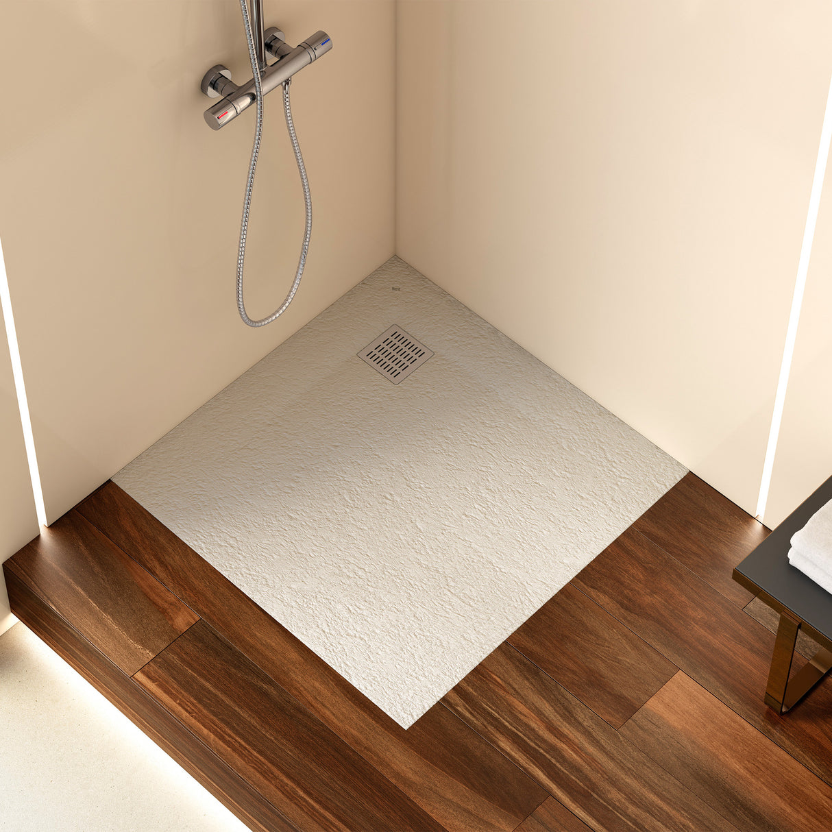 Receveur de douche extra-plat blanc de la marque Sanycces, texture pierre