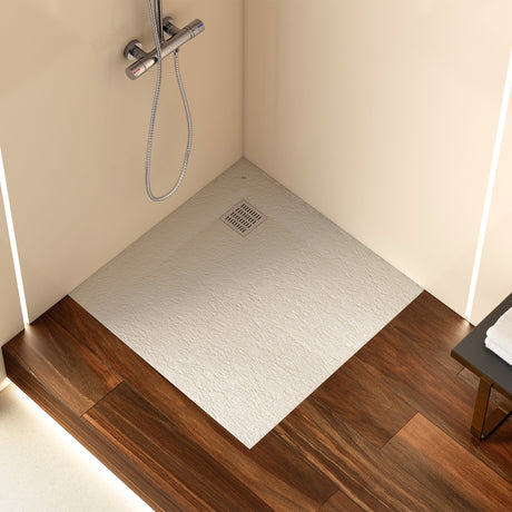 Receveur de douche extra-plat blanc de la marque Sanycces, texture pierre