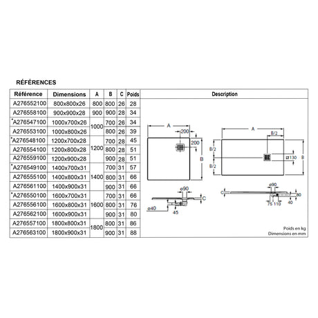 Receveur de douche Ideal Standard blanc, tableau de dimensions et schéma technique.