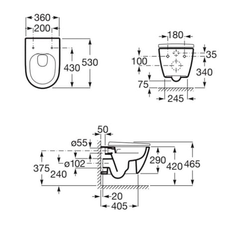 Cuvette WC suspendue Grohe, schéma technique, couleur blanche, dimensions détaillées.