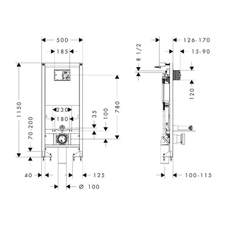 Châssis bâti-support WC Grohe, sanitaire, couleur métallique, schéma technique avec cotes.