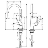 Mitigeur Grohe, robinet de cuisine chromé, dessin technique avec dimensions.