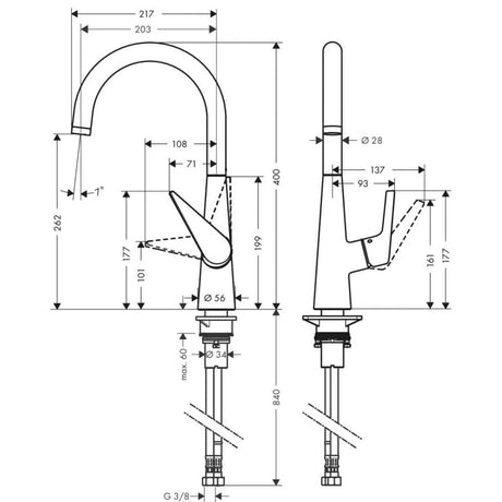 Mitigeur Grohe, robinet de cuisine chromé, dessin technique avec dimensions.