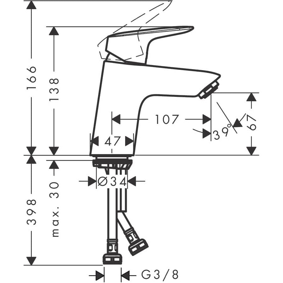Mitigeur Grohe, robinet lavabo, couleur chromée, schéma technique avec dimensions
