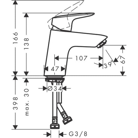Mitigeur Grohe, robinet lavabo, couleur chromée, schéma technique avec dimensions