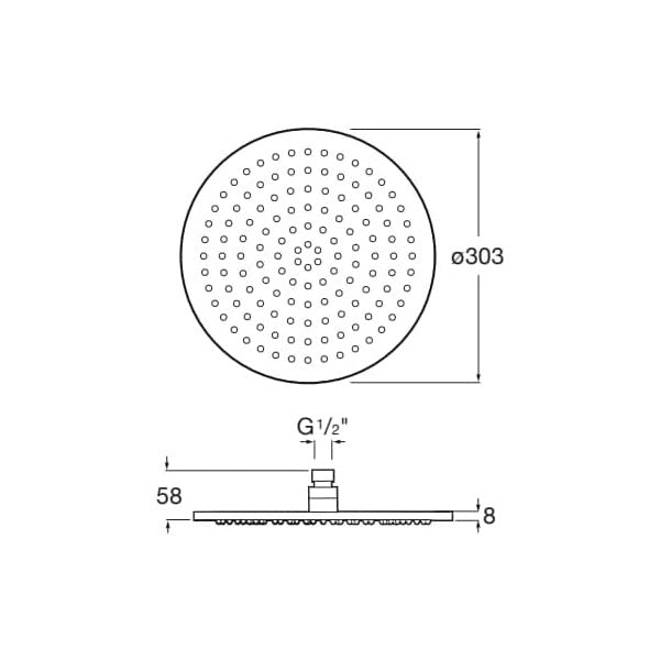 Douchette ronde Grohe, pommeau de douche chromé, plan technique, diamètre 303 mm