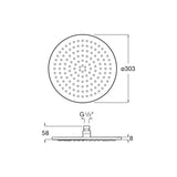 Douchette ronde Grohe, pommeau de douche chromé, plan technique, diamètre 303 mm