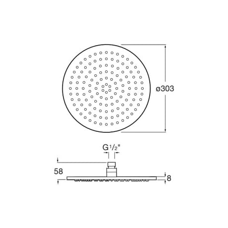 Douchette ronde Grohe, pommeau de douche chromé, plan technique, diamètre 303 mm