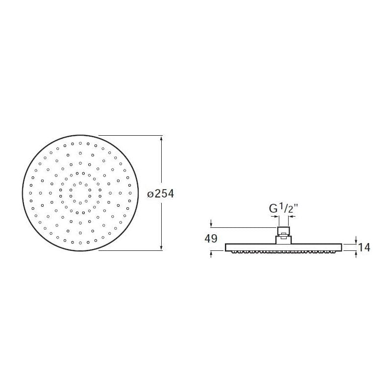 Douchette ronde Grohe, couleur chrome, schéma technique avec dimensions détaillées.